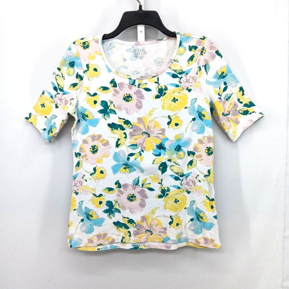 Time and Tru Shirt Womens Small White Floral Short Sleeve Scoop Neck Casual Top